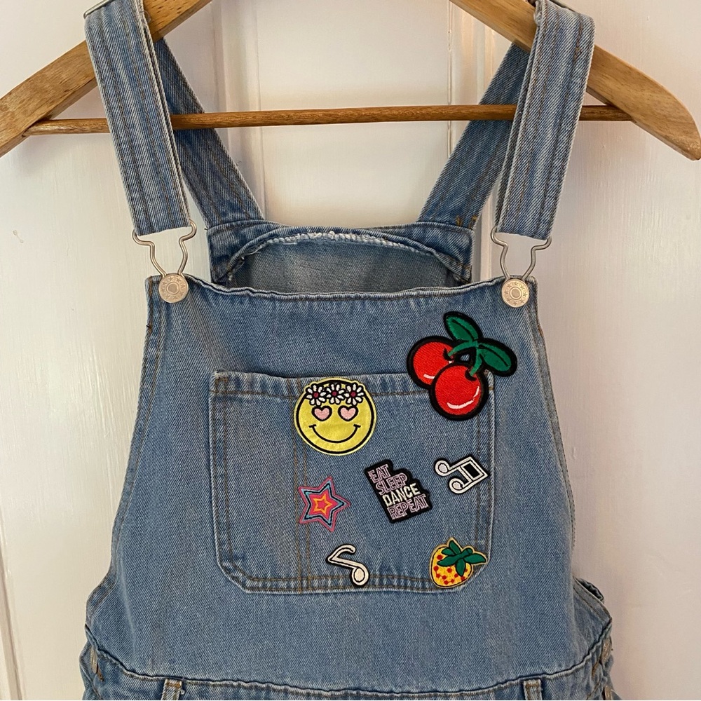 Curtain Call Costume Overalls Girls Sz AME Dance Blue Denim Colorful Patches Fun